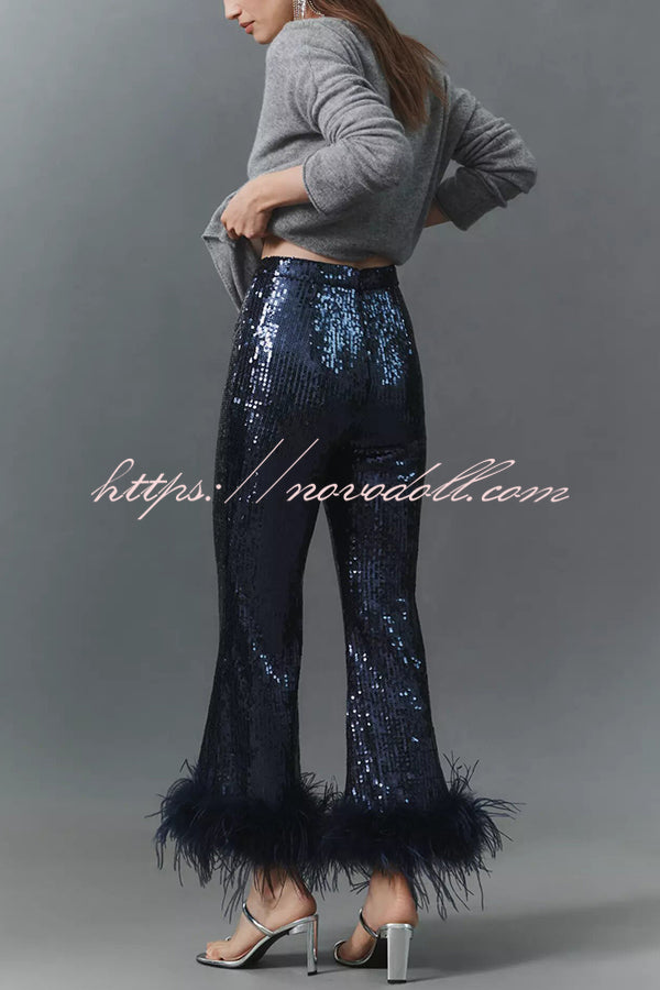New Year Eve Sequin Feather Trim High Rise Back Zipper Flare Pants