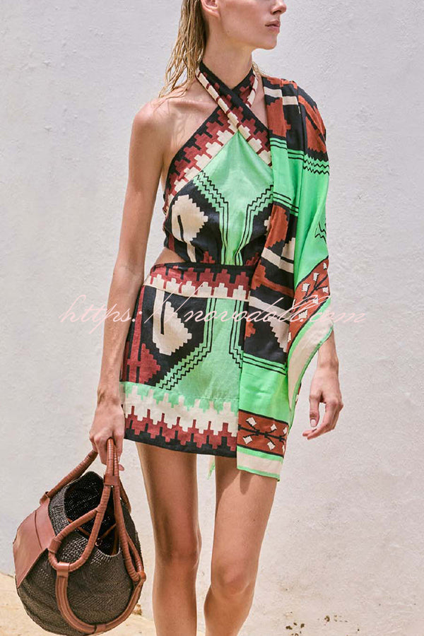 Unique Print Sexy Halter Backless Holiday Mini Dress