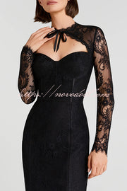 Mylene Lace Corset Cut Sweetheart Tie-up Neck Sheer Long Sleeve Slit Midi Dress