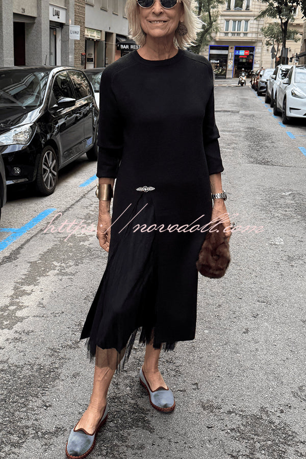 Jollie Knit Long Sleeve Front Slit Midi Sweater and Pleated Tulle Stretch Tank Midi Dress Two-piece Set