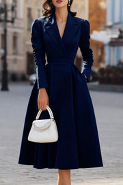 Solid Color Lapel Long Sleeve Waist Pocket Midi Dress
