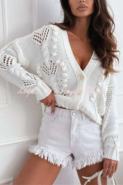 Fashion Hollow Long Sleeve V-neck Button Loose Knitted Cardigan