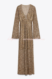 Fashion Sequined Hollow V-neck Long-sleeved Holiday Midi Dress