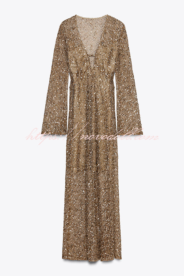 Fashion Sequined Hollow V-neck Long-sleeved Holiday Midi Dress