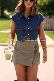 Stylish Weekend Denim Button Up Cape Sleeve Pocket Crop Top