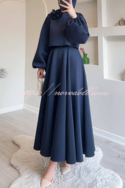 Solid Color Flower-embellished Lantern Sleeve Loose Top and Casual Maxi Skirt Set
