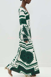 Holiday Fashion Unique Print Front Center Hollow Ring Long Sleeve Maxi Dress