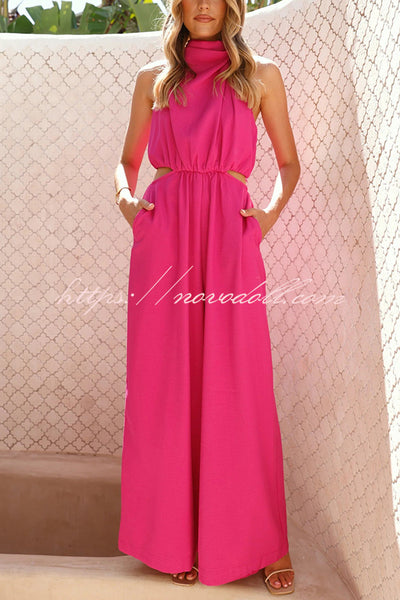 Solid Color Resort Style Halter Neck Waist Pocket Wide Leg Jumpsuit