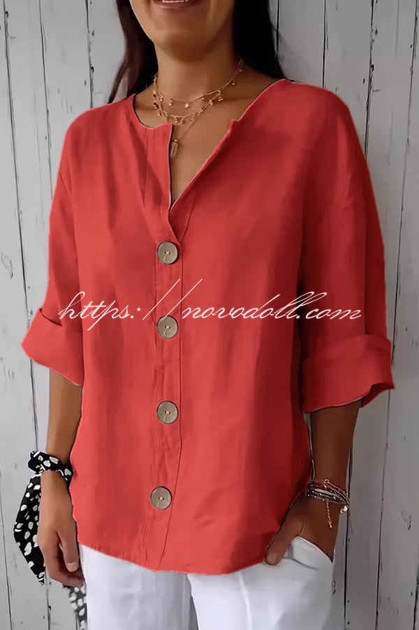 Solid Color V-neck Loose Button Top