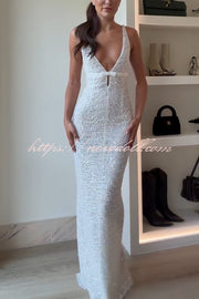 Festival Shines Sequin Beaded Mesh Bow Cutout Detail Slit Maxi Dress