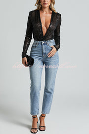 Alora Sequin Wrap Front Plunge Neck Long Sleeve Bodysuit