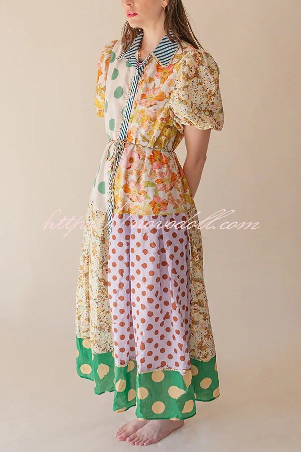 Linen Blend Unique Print Lapel Puff Sleeve Casual Midi Dress