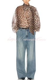 Arianne Chiffon Leopard Print Bow Neck Long Balloon Sleeve Loose Blouse