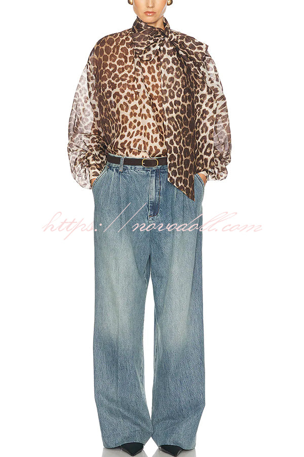 Arianne Chiffon Leopard Print Bow Neck Long Balloon Sleeve Loose Blouse