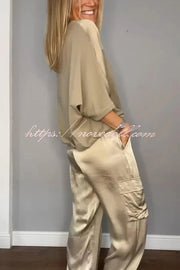 Calissa Smooth Satin Half-sleeved Top and Elastic Waist Pocket Pants Set