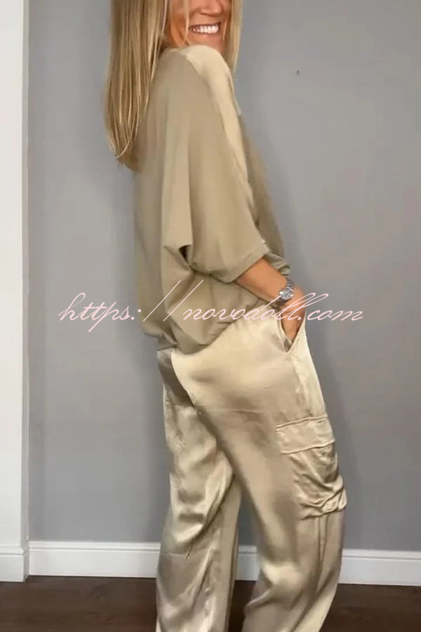 Calissa Smooth Satin Half-sleeved Top and Elastic Waist Pocket Pants Set