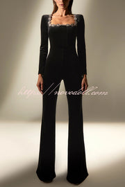 Classic Charm Velvet Jewel Embellished Trim Long Sleeve Flare Jumpsuit