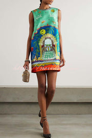 Natural Beauty Satin Unique Print Sleeveless H-line Mini Dress
