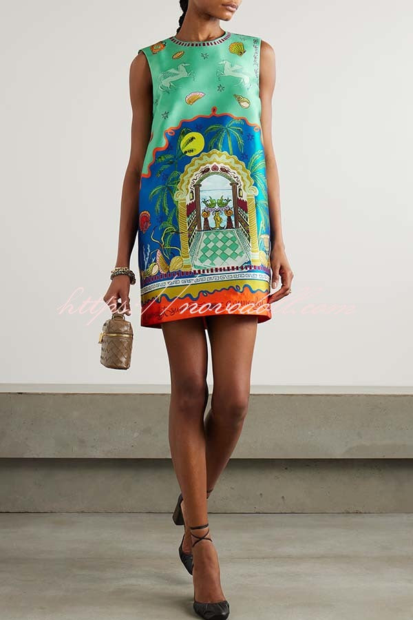 Natural Beauty Satin Unique Print Sleeveless H-line Mini Dress
