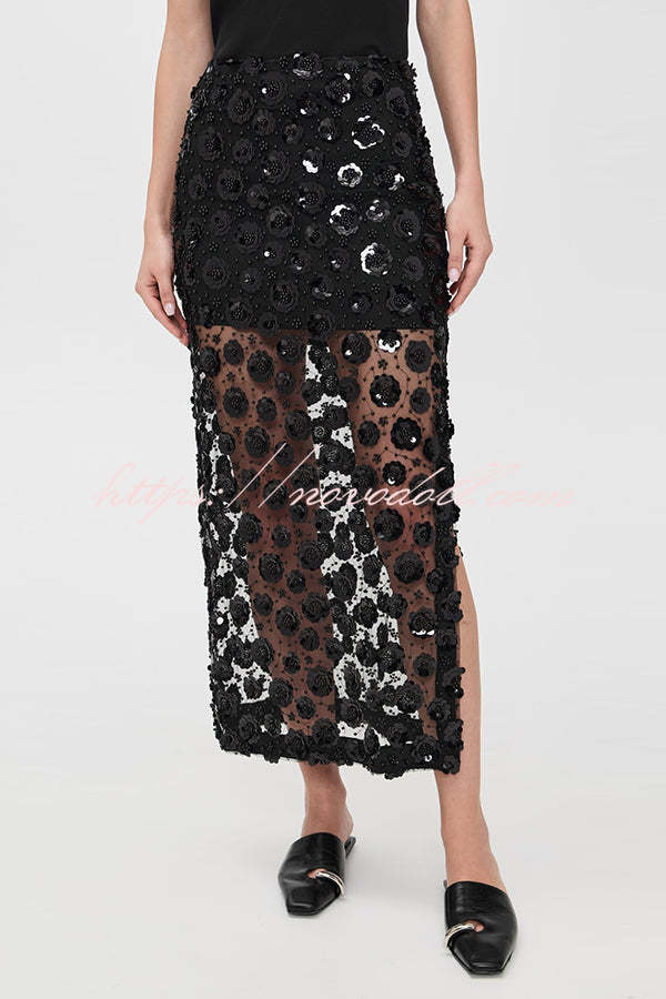 Gorgeous Flower Embellished Sequin Sheer High Rise Slit Midi Skirt