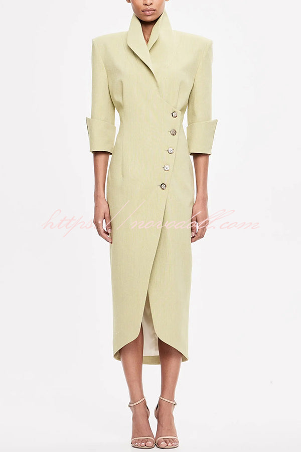 Elegant Look Linen Blend Stand Lapel Neck Half Sleeve Side Button Midi Dress
