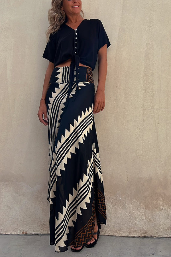 Eva Satin Geometric Print Elastic Waist Maxi Skirt