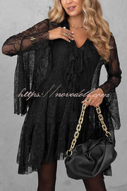 Feeling Lighthearted Lace Ruffle Neck Bell Sleeve Layered Hem A-line Mini Dress