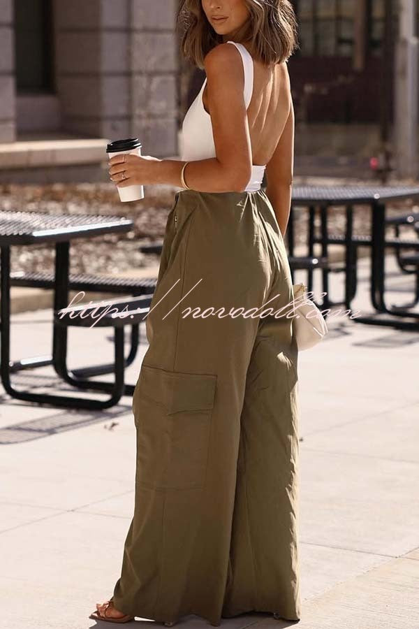 Great Week Pleated Elastic Waist Zipper Pocket Wide Leg Cargo Pants