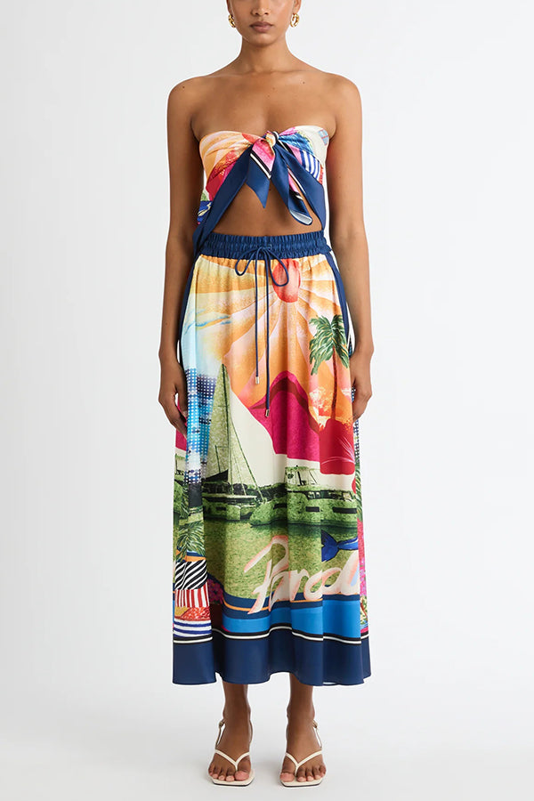 Seaside Holiday Satin Unique Print Knotted Scarf Top and Elastic Waist Loose Maxi Skirt Set