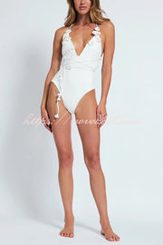 Solid Color Lace-up Flower Decoration Stretch One-piece Swimsuit