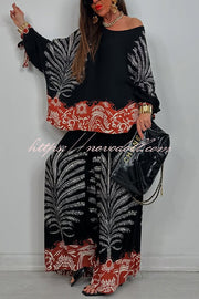 Unique Print Loose Drawstring Long Sleeve Top and Elastic Waist Casual Pocket Wide Leg Pants Set
