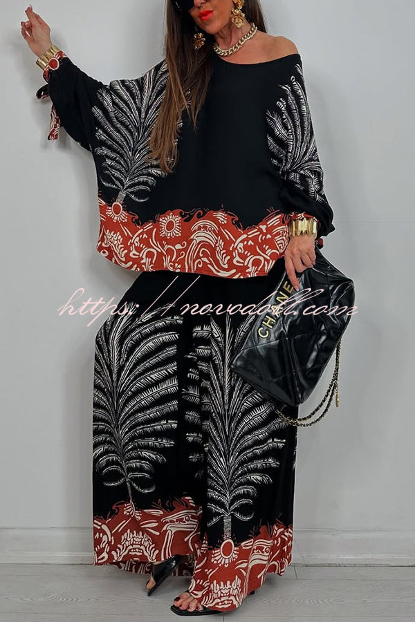 Unique Print Loose Drawstring Long Sleeve Top and Elastic Waist Casual Pocket Wide Leg Pants Set