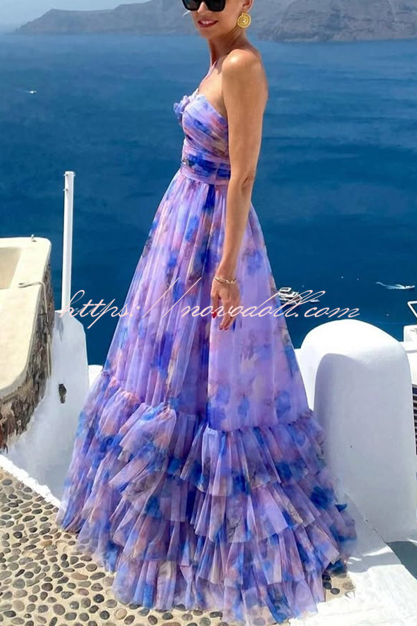 Dreamy Clouds Tulle Printed Rose Detail Cutout Ruffles Tiered Halter Maxi Dress
