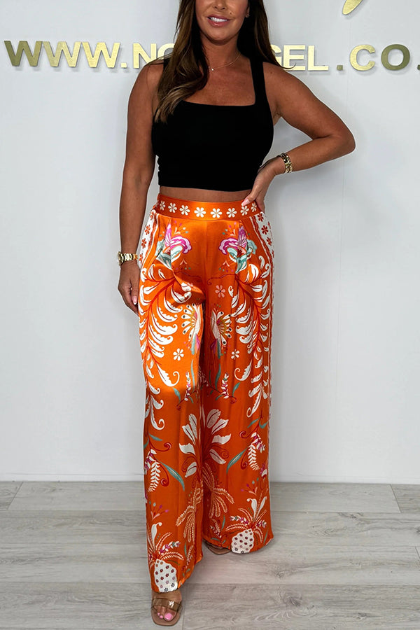 Satin Plant Print Elastic Waist Loose Wide Leg Pants