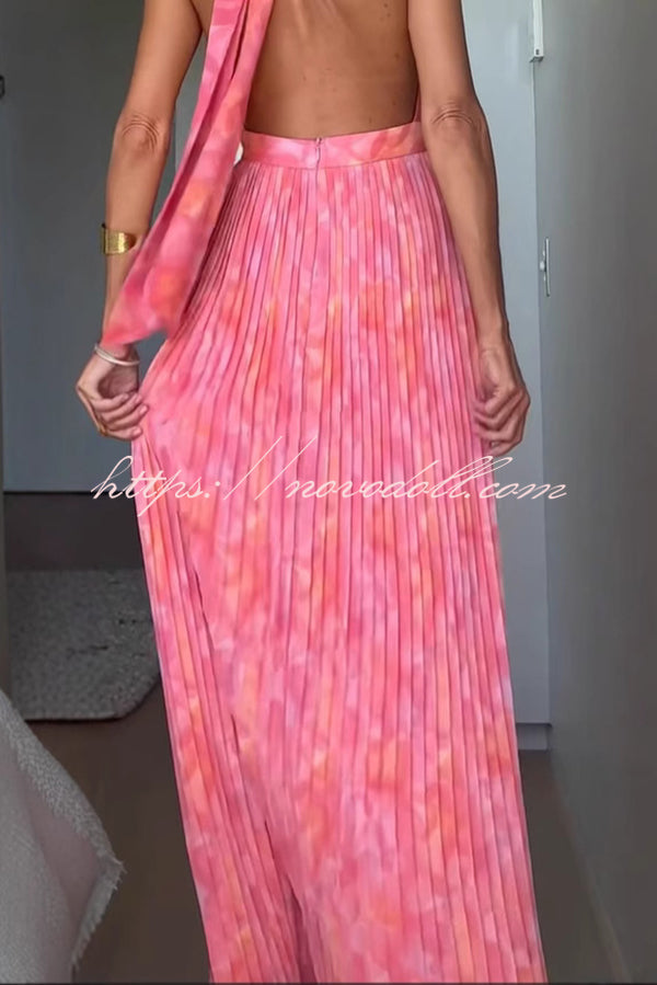 Unique Print Sexy Halter Neck Tie Pleated Vacation Maxi Dress