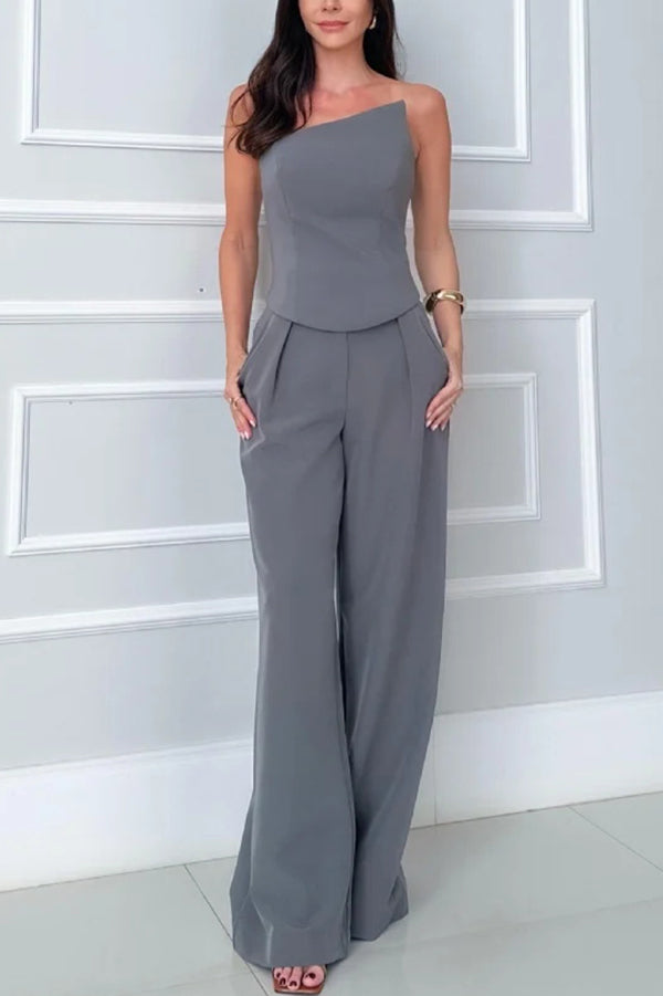 Elegant Bandeau Back Zip Cropped Top and High Waist Pocket Wide Leg Pants Set