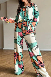 Unique Graffiti Print Casual Long Sleeve Shirt and Elastic Waist Pocket Straight Pants Set