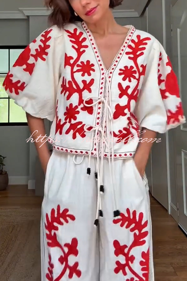 Till Sunset Linen Blend Unique Print Lace-up Puff Sleeve Shirt