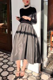 Solid Color Velvet Patchwork High Neck Long Sleeve Maxi Dress