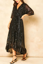 Solid Color Sequined V-neck Waist Tie Loose Maxi Dress