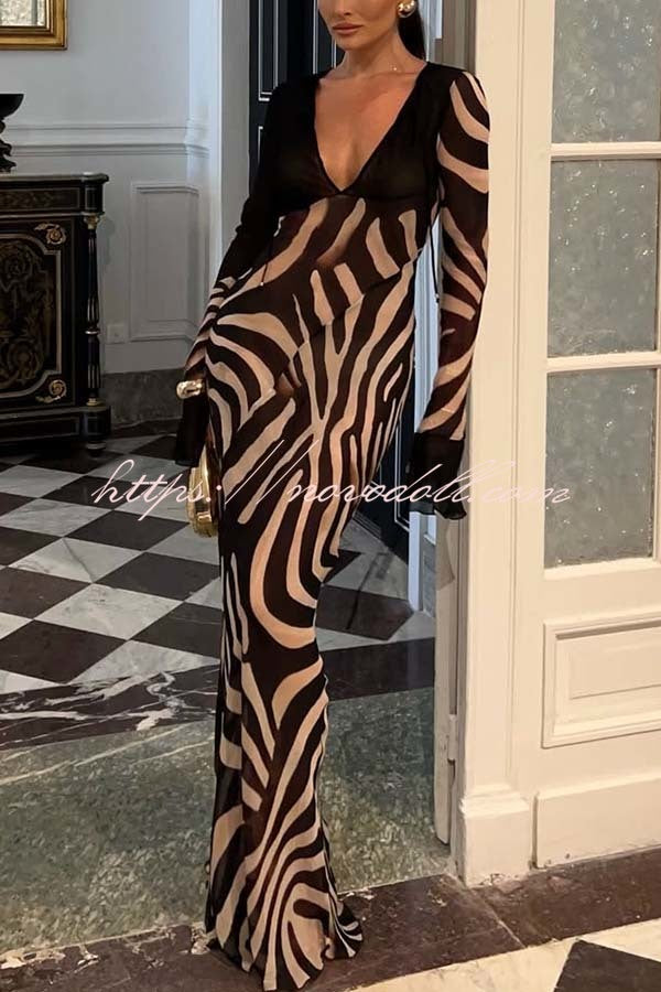 City Night Chiffon Colorblock Animal Print Tie-up Long Sleeve Maxi Dress