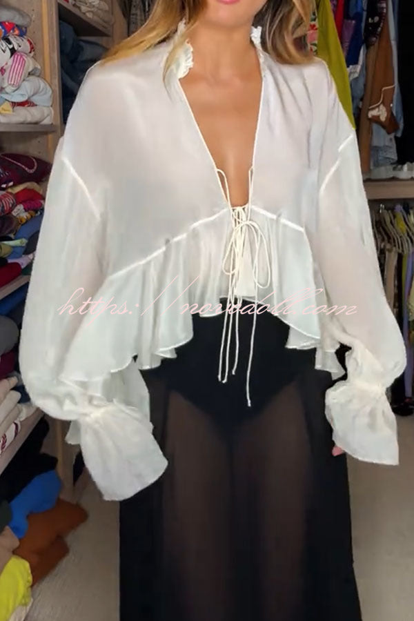 Boho Forever Chiffon Ruffles Balloon Sleeve Tie-up Blouse
