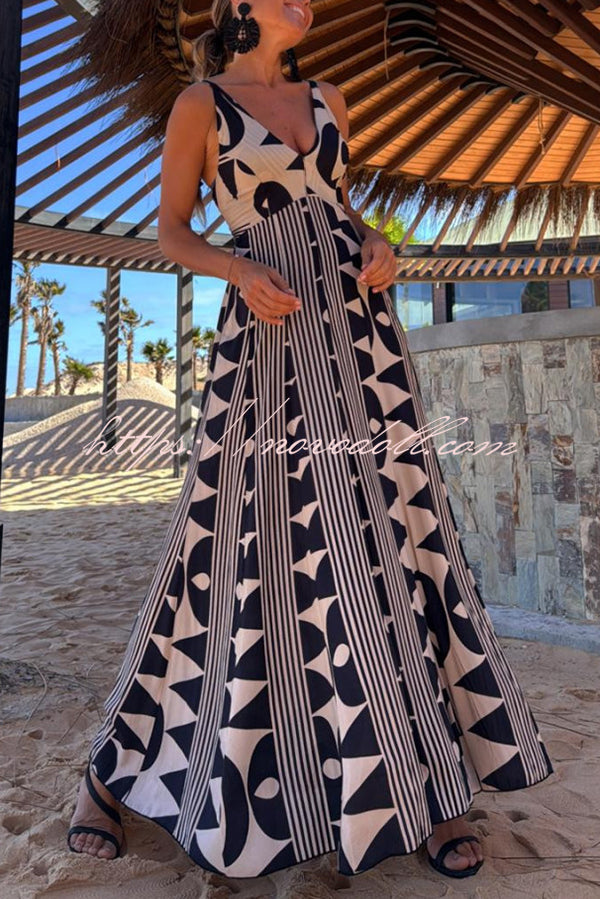 Sabine Geometric Print V-Neck Back Smocked A-line Maxi Dress