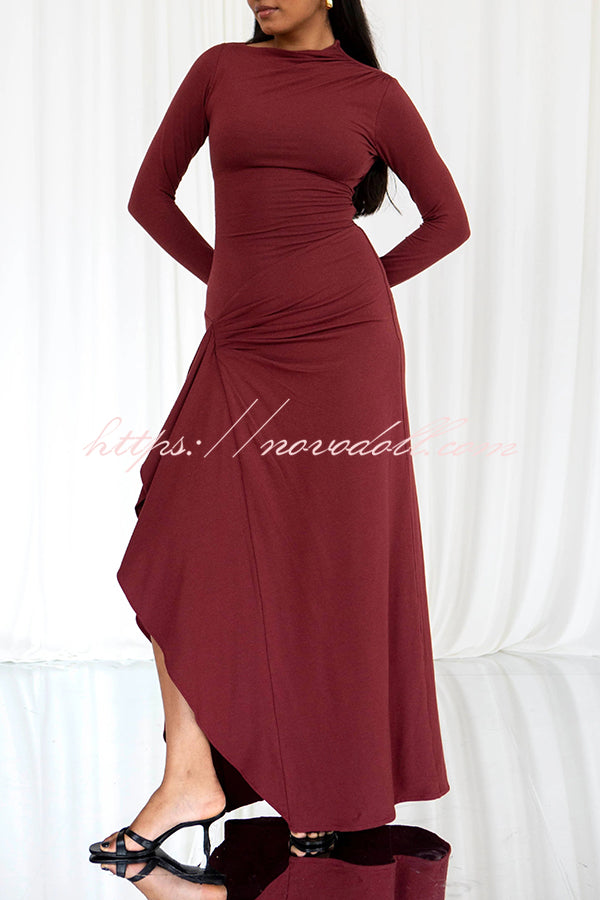 Venus Long Sleeve Ruched Side Slit Drape Ruffles Back Lace-up Stretch Maxi Dress