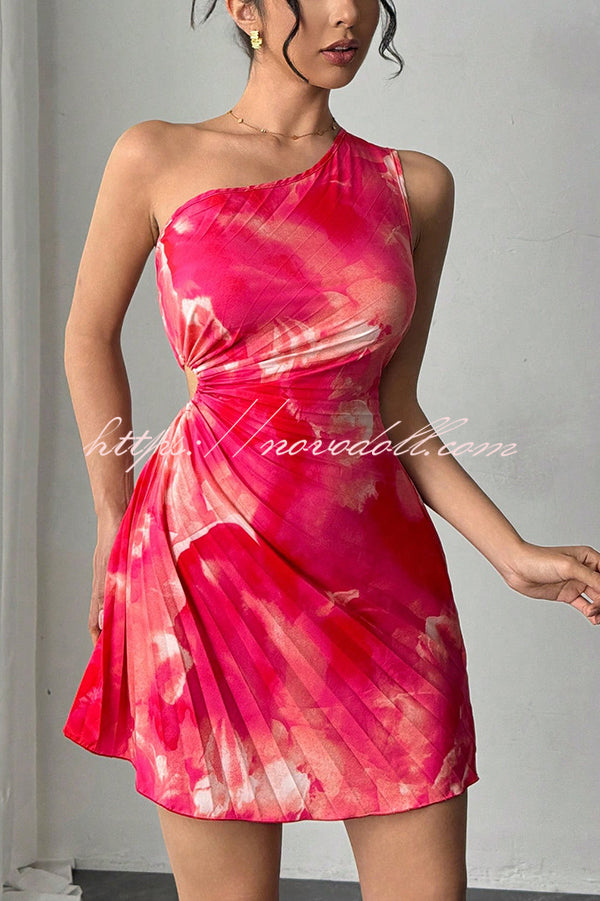 Fashion Tie-Dye One-Shoulder Hollow Pleated Mini Dress