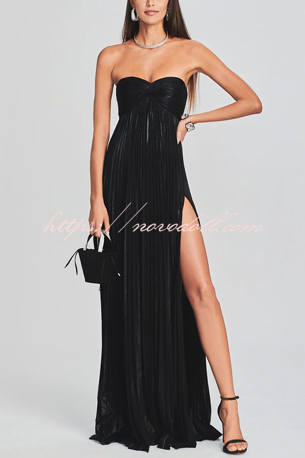 Metallic Sexy Tube Top Pleated High Slit Maxi Dress