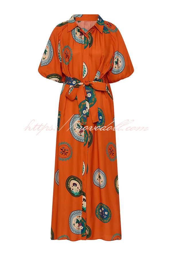 Linen Blend Unique Print Lapel Loose Tie Cardigan Maxi Dress