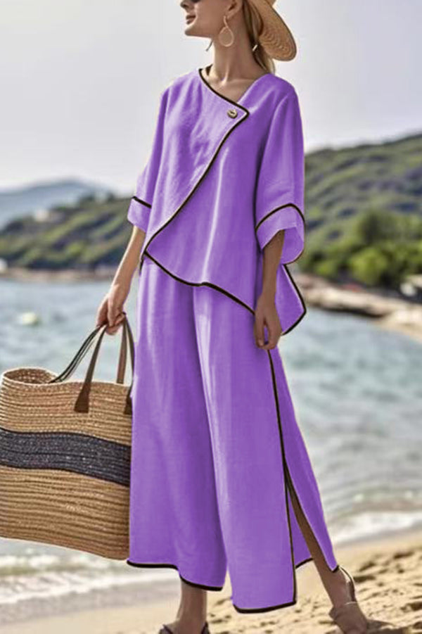 Stylish Color Trim Asymmetrical Casual Top and Elastic Waist and Wide-leg Pant Set