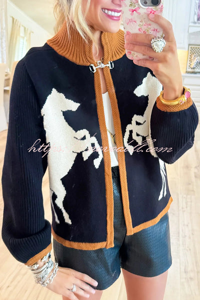 Stylish White Horse Pattern Casual Long-sleeved Knitted Cardigan