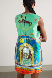 Natural Beauty Satin Unique Print Sleeveless H-line Mini Dress